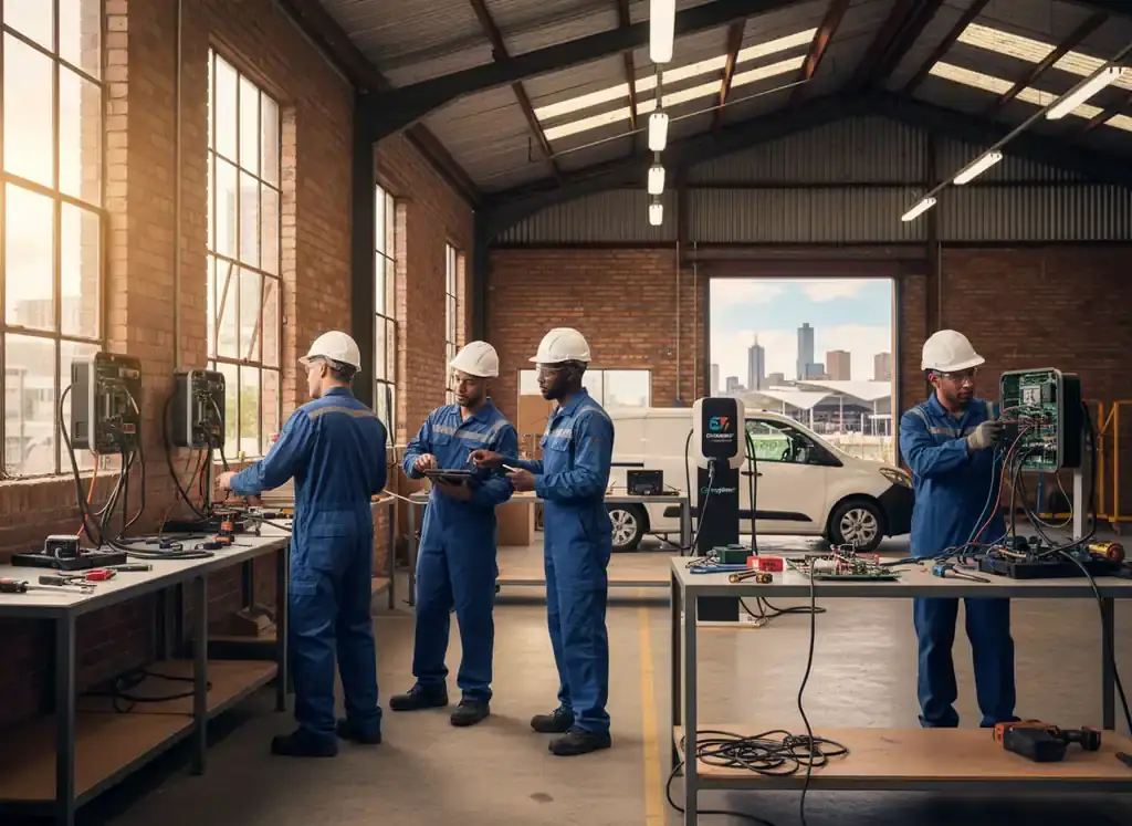 ev charger installation melbourne: technicians in blue overalls and hard hats working on charging units in a workshop