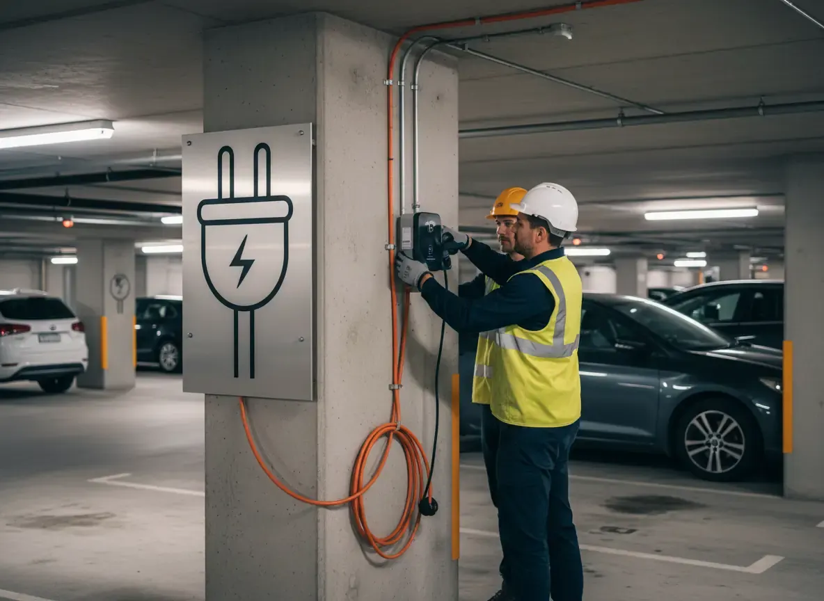 ev charger installation melbourne: worker in hi-vis mounting a charger on a concrete pillar in a car park