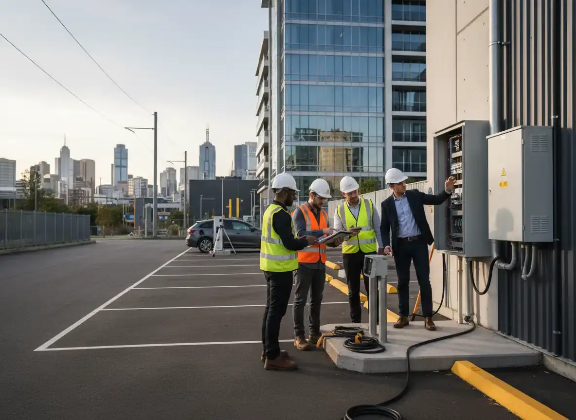 ev charger installation melbourne: four workers in hi-vis and hard hats by a switchboard and charging post outdoors