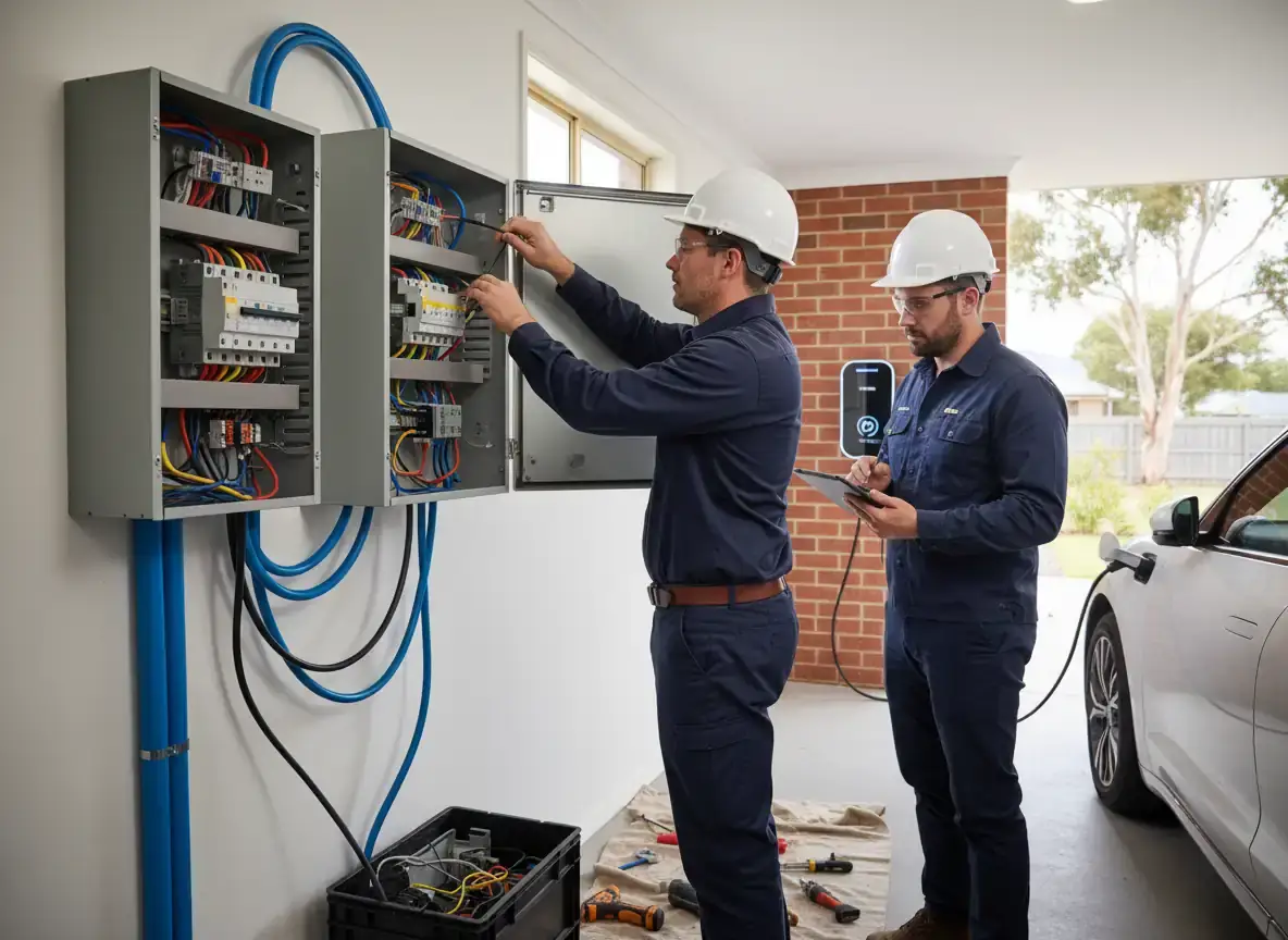 ev charger installation melbourne: two installers in hard hats open a switchboard in a garage beside a wall charger