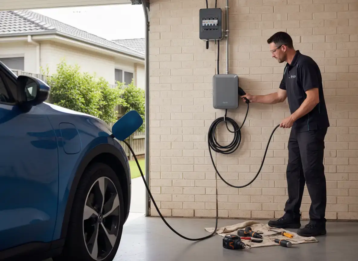 ev charger installation melbourne: man in black polo connects a cable to a wall charger in a garage beside a blue car