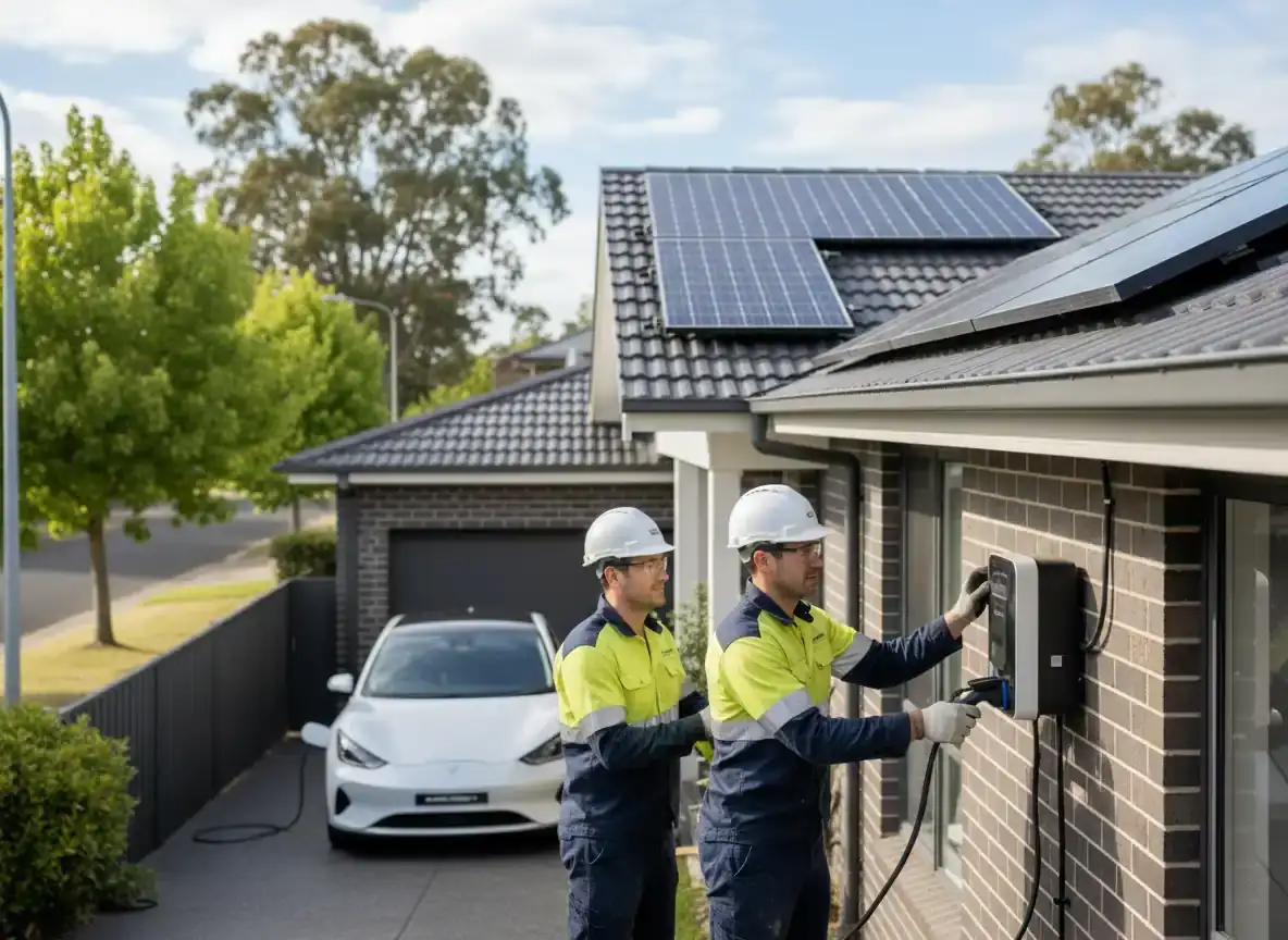 ev charger installation melbourne: two installers in hi-vis at a wall charger on a house with solar panels and white car