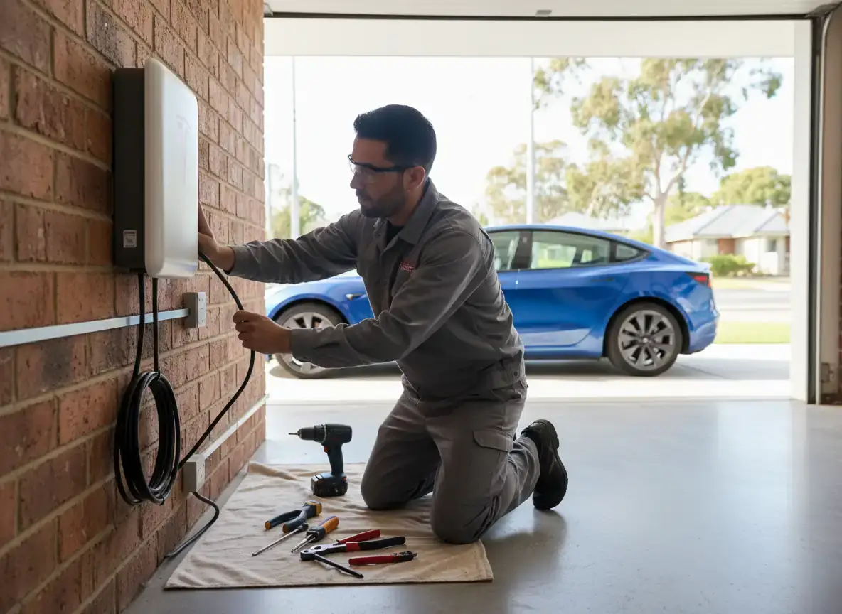 ev charger installation melbourne: man kneels by a wall charger in a garage beside a blue car with tools on a cloth