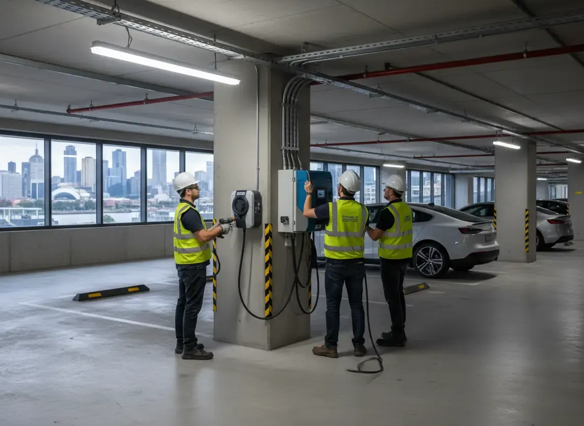 ev charger installation melbourne: three workers in hi-vis vests at charging units on a pillar in an underground car park